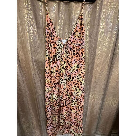 Bar III Plunge Cut Pink Yellow Cheetah Print Swim Cover-Up Maxi Dress Large NWT - Picture 4 of 11